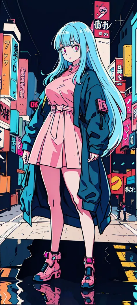 a woman in a pink dress and coat standing on a city street