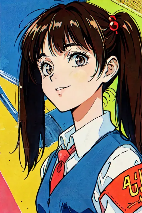 (masterpiece, best quality;1.3), ultra detailed, Looking at viewer,1girl, solo, smile,
ruri, brown hair, long hair, gold eyes, BREAK, orange vest, BREAK, white collared shirt, black necktie, parted bangs, small breasts,twintails,hair bobbles, black short skirt,face focus, facial close-up,
front view, at school, cinematic light, <lora:90sv1.2R:0.8>1990s \(style\) ,Bilateral Symmetrical Composition, <lora:add_detail:0.3> super pop art, many colors,