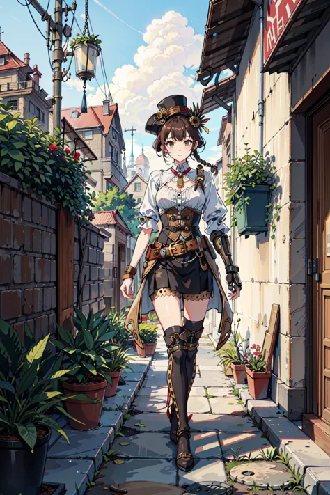 anime girl walking down a narrow alley with a hat and boots