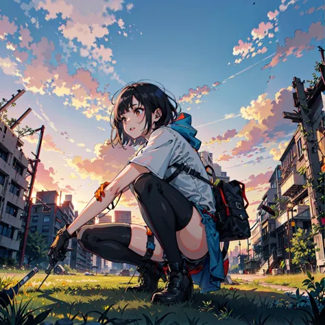 anime girl kneeling down with a backpack and a knife in her hand