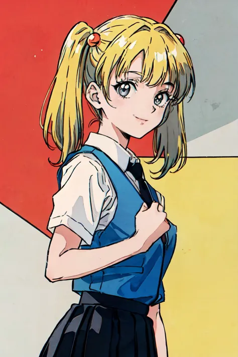 a close up of a girl with a ponytail in a school uniform