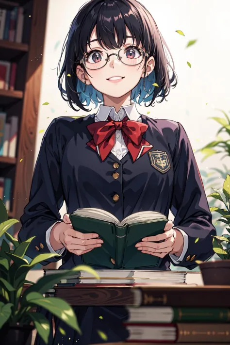 1girl, tinted hair, black hair, big smile, (upper body), medium breasts, school uniform, long sleeve, glasses, library scenery, potted plants, books, fresh air, (depth of field, blurry foreground, blurry background:1.2), light particles, (from below)