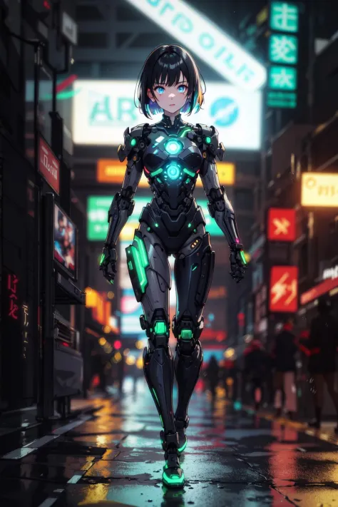 1girl, cyborg, mechanical armor, (glowing neon body:1.5 ), neon signs, colored lighting, reflection, colored reflection, multipl...