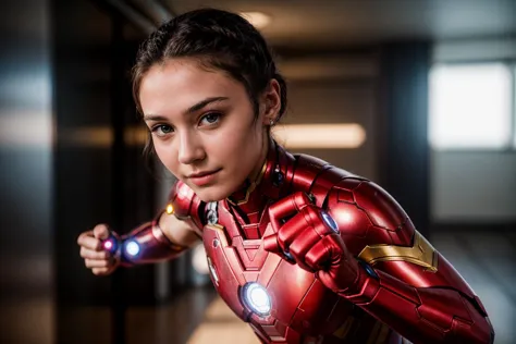 Marvel movies,photo of a 18 year old girl,ironman,punching viewer,incoming punch,bare fist,happy,ray tracing,detail shadow,shot on Fujifilm X-T4,85mm f1.2,sharp focus,depth of field,blurry background,bokeh,motion blur,<lora:add_detail:1>,