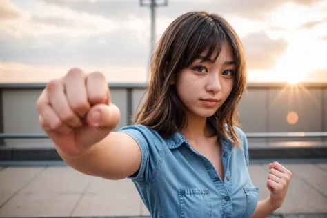 photo of a 18 year old girl,punching viewer,incoming punch,bare fist,happy,denim shirt,outdoor,windy,on the street,tokyo,ray tra...