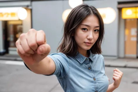 photo of a 25 year old girl,punching viewer,incoming punch,bare fist,happy,denim shirt,outdoor,windy,on the street,tokyo,ray tra...