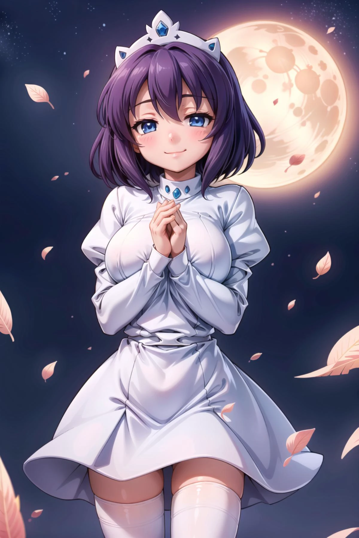 henrietta de tristain, purple hair, blue eyes, short hair,large_breasts, smile, 1girl, solo, thighhighs, closed eyes, wings, nun, head wings, habit, own hands together, breasts, black thighhighs, dress, smile, white wings, praying, long sleeves, puffy sleeves, zettai ryouiki, angel wings, feathered wings, black dress, thighs, bangs, juliet sleeves, facing viewer, cowboy shot, full moon, cross, petals, moon, closed mouth,