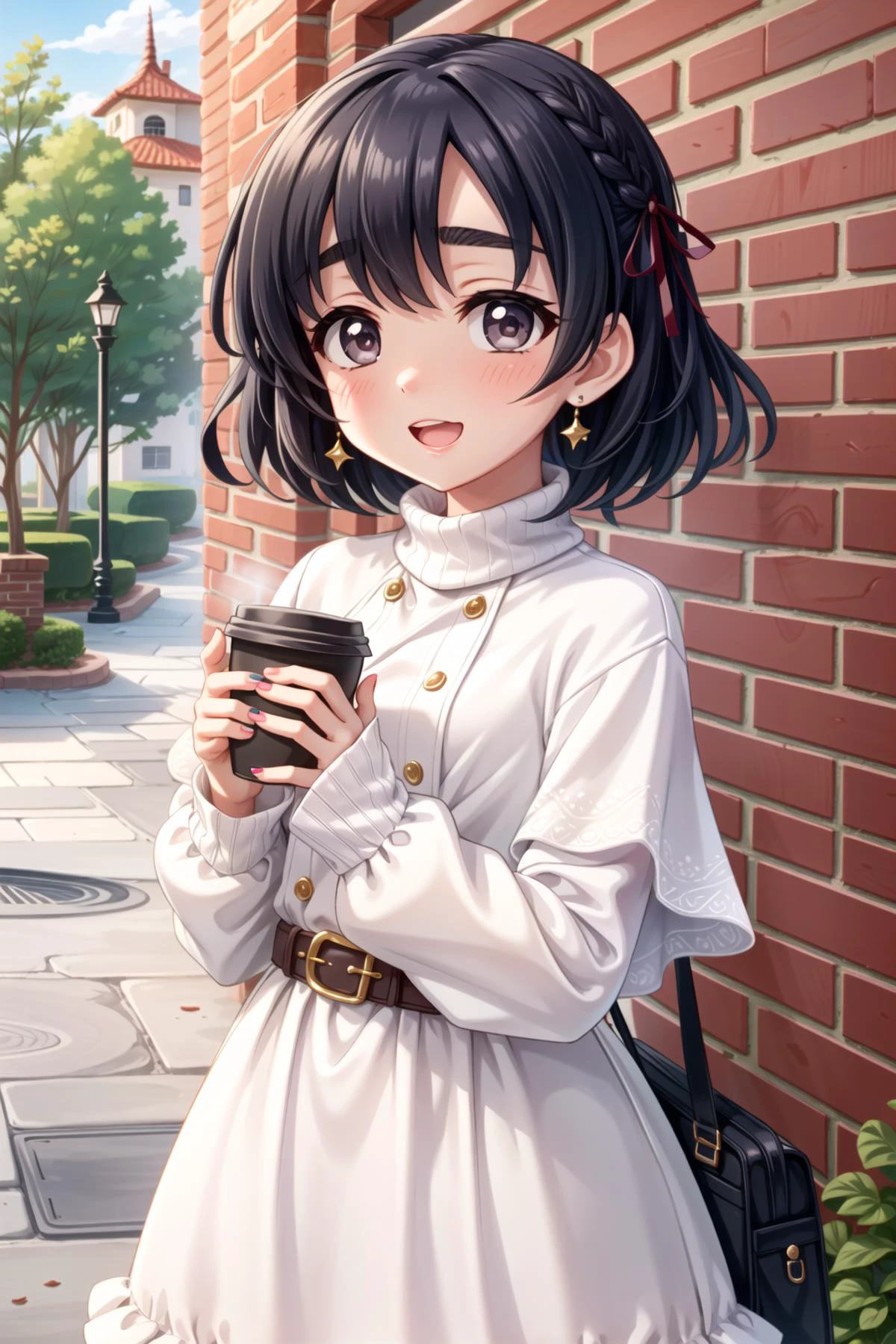 Shiragiku Hotaru, 1girl, solo, smile, outdoors, 1girl, solo, holding, cup, holding cup, looking at viewer, belt, bangs, earrings, jewelry, disposable cup, coffee cup, long sleeves, brick wall, shiny hair, capelet, blush, standing, shiny, open mouth, outdoors, dress, buttons, :o, bow, steam, sleeves past wrists, parted lips, sweater, white dress, ribbon, white capelet, turtleneck, nail polish, cowboy shot