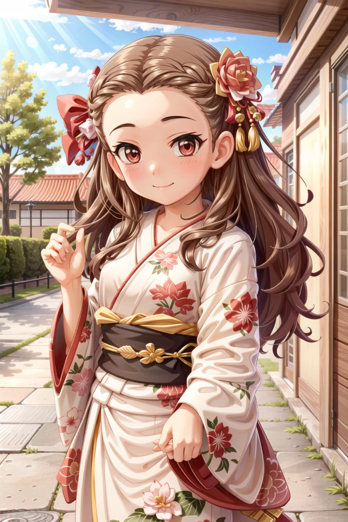 seki hiromi, long hair, brown hair, red eyes, wavy hair, 1girl, solo, smile, outdoors, 1girl, solo, japanese clothes,kimono, hair ornament, looking at viewer, red kimono, obi, sash, hair flower, flower, bangs, blush, long sleeves, closed mouth, wide sleeves, floral print, red flower, print kimono, hand up, standing, tassel, outdoors, upper body, plant, day