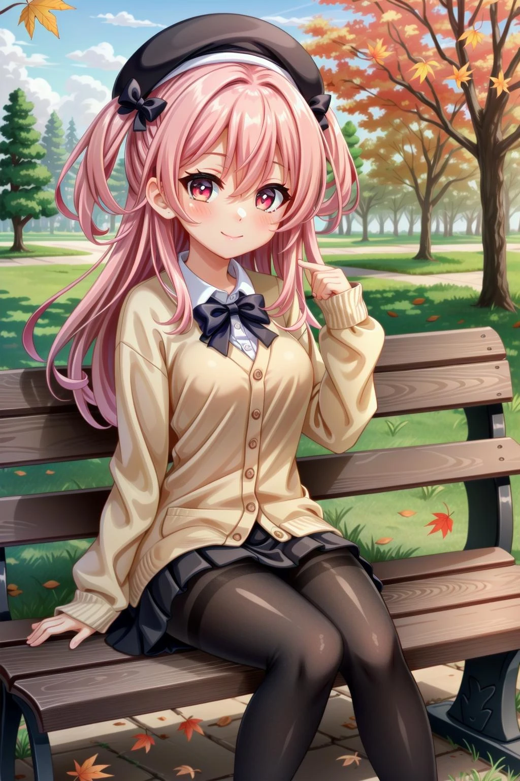 1girl, solo, pantyhose, long hair, smile, bench, pink hair, autumn leaves, sitting, breasts, outdoors, skirt, hat, leaf, black pantyhose, looking at viewer, bow, beret, book, blush, red eyes, park bench, bangs, feet out of frame, cardigan, long sleeves, day, medium breasts, closed mouth, shirt, autumn, maple leaf, two side up, pink eyes, black bow, sky, hair between eyes, on bench, blurry, frills, purple bow, hand up, falling leaves, sleeves past wrists