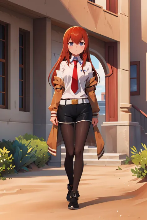 (masterpiece, best quality:1.2), 12style, desert, city street, archades, castle, solo, 1girl, makise kurisu, expressionless, walking, jacket, off shoulder, collared shirt, red necktie, black shorts, black pantyhose, legwear under shorts 