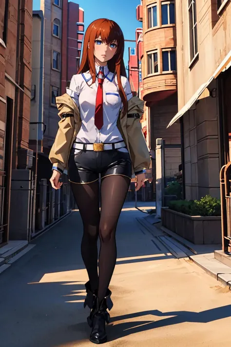 (masterpiece, best quality:1.2), 12style, desert, city street, archades, castle, sand, solo, 1girl, makise kurisu, expressionless, walking, jacket, off shoulder, collared shirt, red necktie, black shorts, black pantyhose, legwear under shorts 