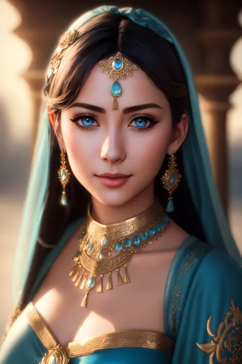 a woman in a blue dress with a gold necklace and blue eyes