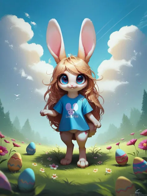 a cartoon bunny girl in a blue shirt and bunny ears standing in a field of eggs