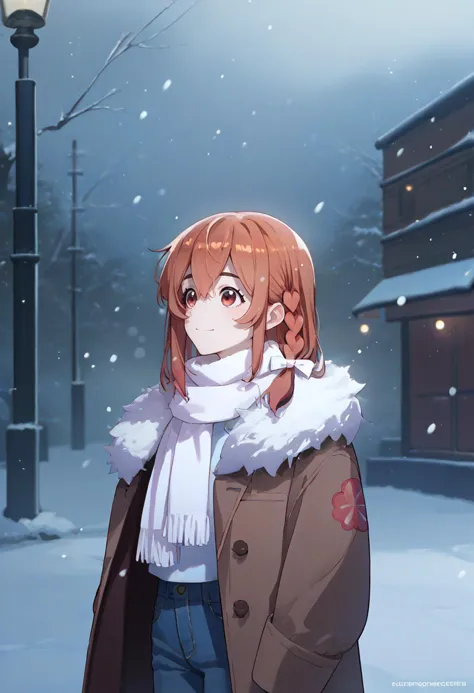 a woman in a coat and scarf standing in the snow