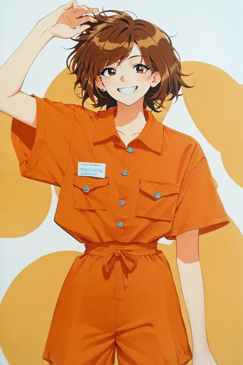 a close up of a person in an orange shirt and shorts