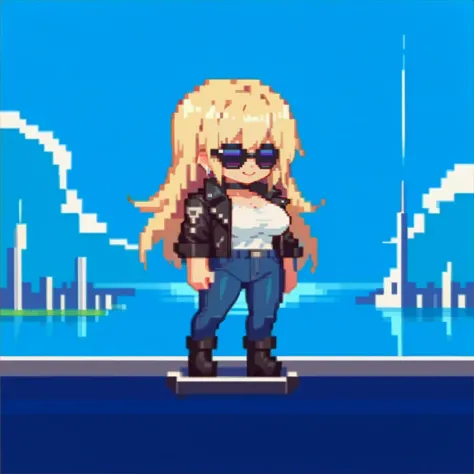 score_9, score_8_up, score_7_up BREAK source_anime, 1girl, solo,chibi, pixel art, full body,city background,large breasts,smile
<lora:edgNadiaPony:0.8> nadia, sunglasses, choker,blonde,leather jacket,jeans,boots
 <lora:ChibiPixelArt_XLPD:0.9>