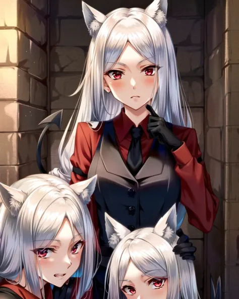 ((best quality)), ((highly detailed)), masterpiece, (detailed eyes, deep eyes), (1girl), upper body, <lora:cerberusHelltaker_v10:1>, cerberus \(helltaker\), white hair, long hair, (red eyes), dog ears, demon tail, medium breasts, suit, red shirt, black vest, necktie, black pants, black belt, black gloves, (inside, at a dungeon), <lora:style_piromizu:.8>