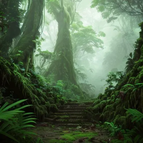 a view of a forest with a stairway leading to a tree