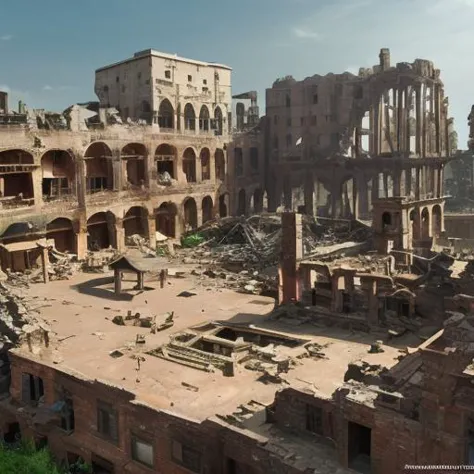 a view of a ruined building with a lot of rubble