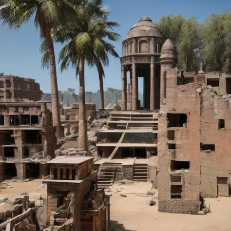 arafed ruins of a city with a tower and palm trees