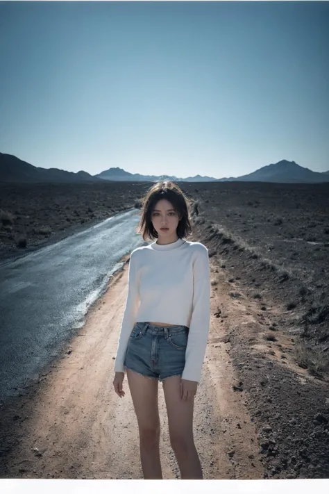 a woman standing on a dirt road in the middle of nowhere