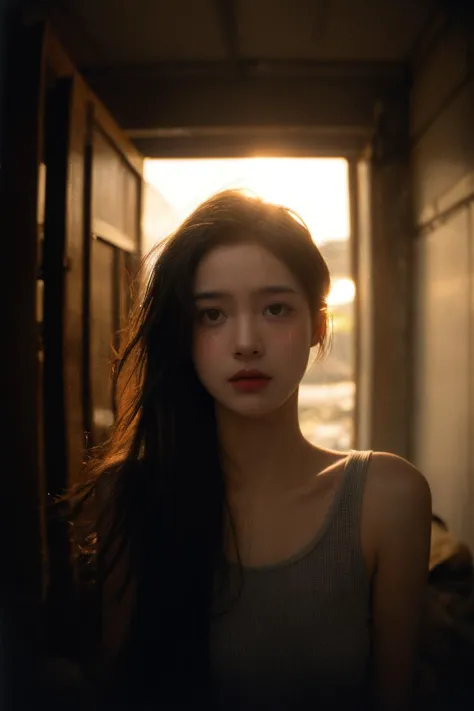 a woman with long hair standing in a hallway with a light shining on her face