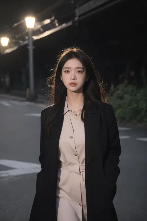 a woman in a black coat and white dress walking down a street