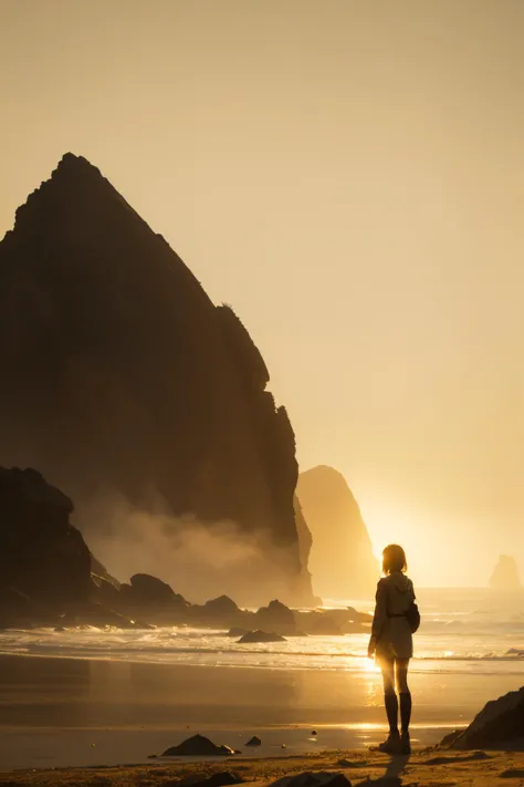 1girl,golden hour lighting,backlighting,dust,haze,dusk,yellow theme,rock,plain,from back,silhouette,