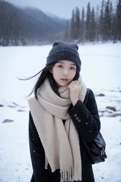 1girl,ice field,water,snowing,wind,cold,scarf,