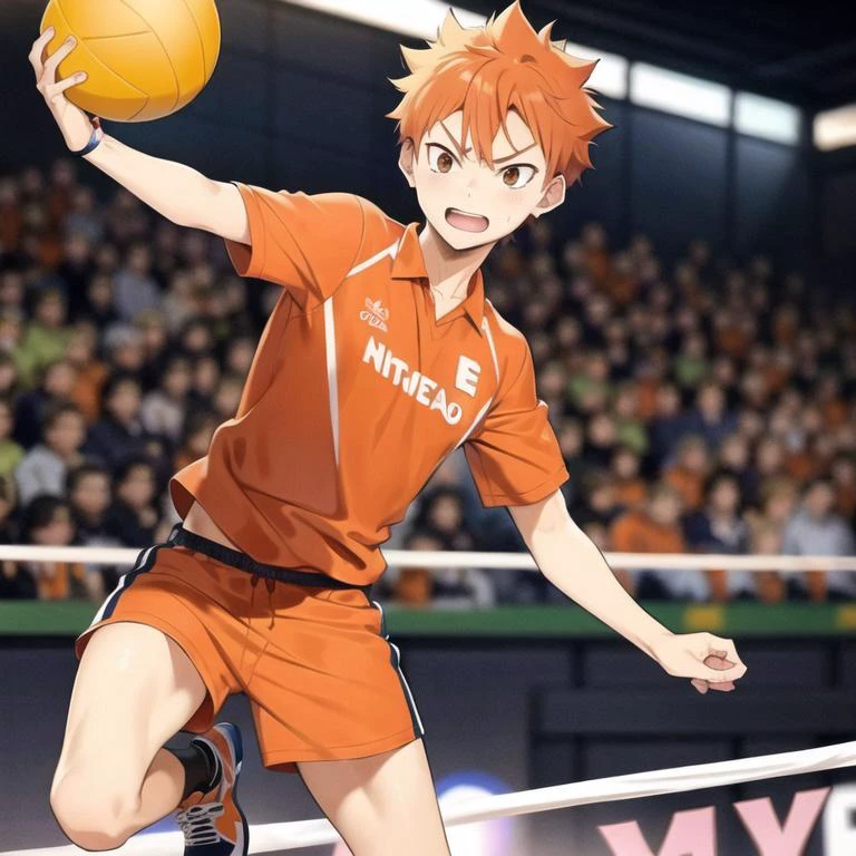 Shoyo Hinata,ultra detailed face,1boy,playing voleyball,spiking the ...