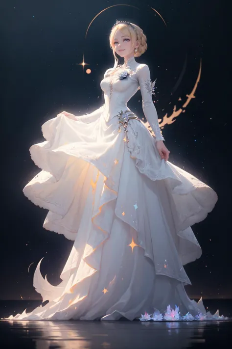 <lora:edgRosaCosettedElise:0.85>, edgCosette, blonde hair, braid, flower, white suit, smile, simple background, pencil skirt, curtsey, white background, full body, <lora:wrenchfaeflare:1>, wrenchfaeflare, glowing, embroidery, accessories, jewelry, reflection, refraction, white dress, pinstripe pattern, night sky, starry sky, star \(sky\),