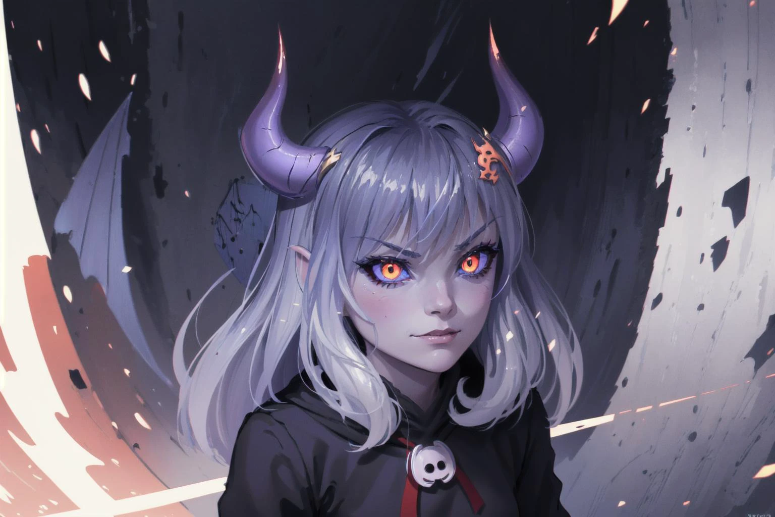 Discord-chan,(detailed face and eyes:1.3),1girl,DemonicT,sclera,(horns:1.2),(wings:1.2),colored sclera,demon wings,(demon horns:1.1),slit pupils,Ultra-detail,(highres:1.1),best quality,(masterpiece:1.3),cinematic lighting, angry, Confident smirk pose,(wariza, full body:1.2),