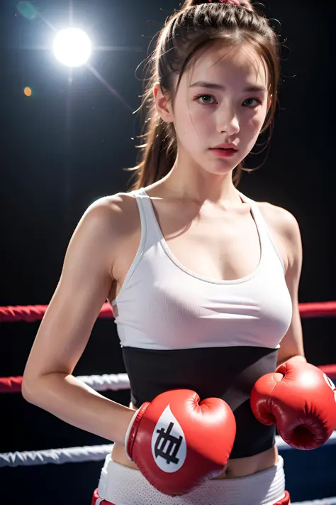 (REALISTIC:1.2), 18yo Girl boxer in a boxing arena, fighting_pose, (boxing_gloves), (Day Light)