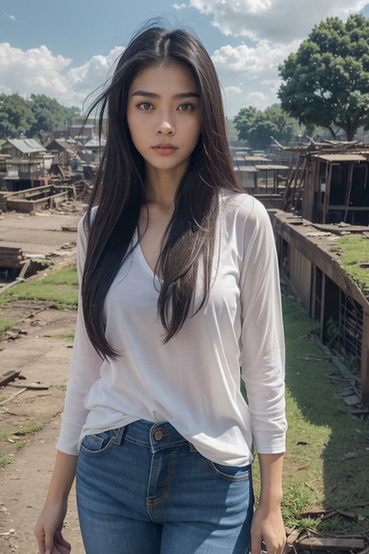 Thai Woman, look at viewer, long hair, shirt, jeans, cloud, day, sky,outdoors, post-apocalypse, ruins, scenery, tree, water,