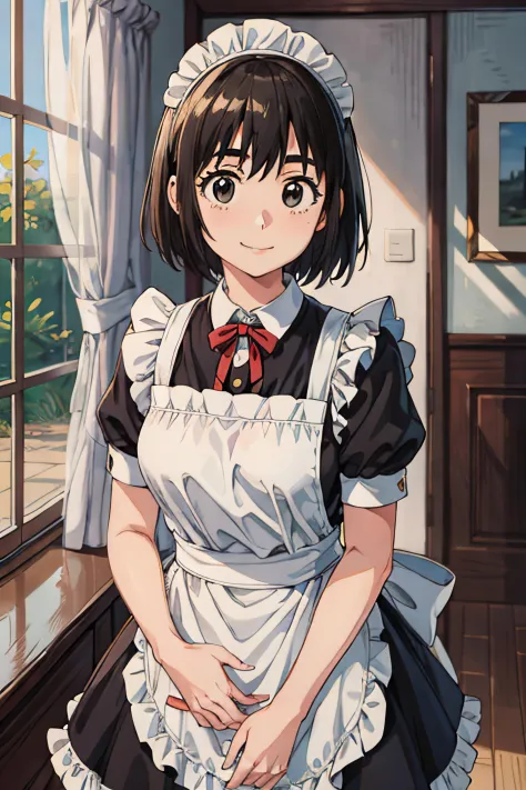 masterpiece, best quality, absurdres, perfect antomy, 1girl, solo, Ayase Fuuka, smile, maid, frills, skirt, apron, maid headdres...