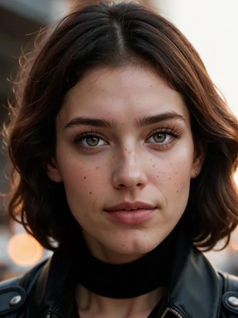 a close up of a woman with a black jacket and a black choke