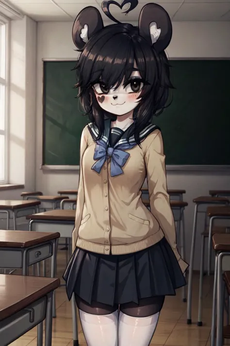 anime girl in a school uniform standing in a classroom