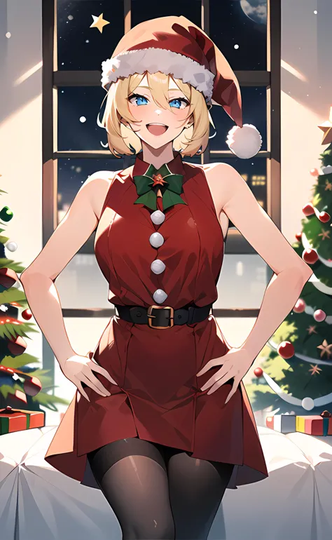 1girl, short hair, blonde hair, blue eyes, Christmas costume, Christmas hat, red dress, collared dress, sleeveless dress, black pantyhose, bare shoulders, bare arms, open mouth, smile, indoors, home, window, Christmas tree, night, night sky