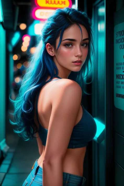 raw photo, beautiful french 20 year old woman, wearing a tanktop and blue jeans, standing in a neon light alley, (high detailed ...