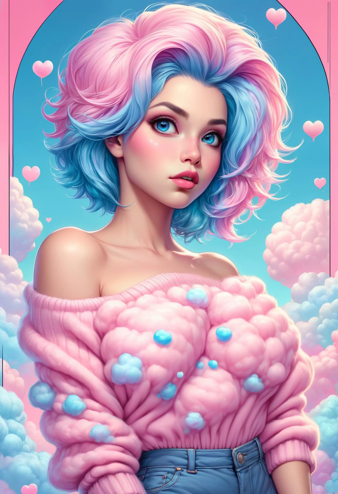 cottoncandy, character concept art of a beautiful woman leaning over, pink cotton candy sweater falling off her shoulder, valentines day,  cleavage, extremely sexy, seductive, long iridescent pink and blue hair, luscious lips, comic book art, rough colored sketch
, colorful, elaborate wonderful background,