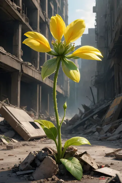 post-apocalyptic wasteland, nuclear fallout, the most beautiful and perfect flower with green leaves growing from dust and rubbl...