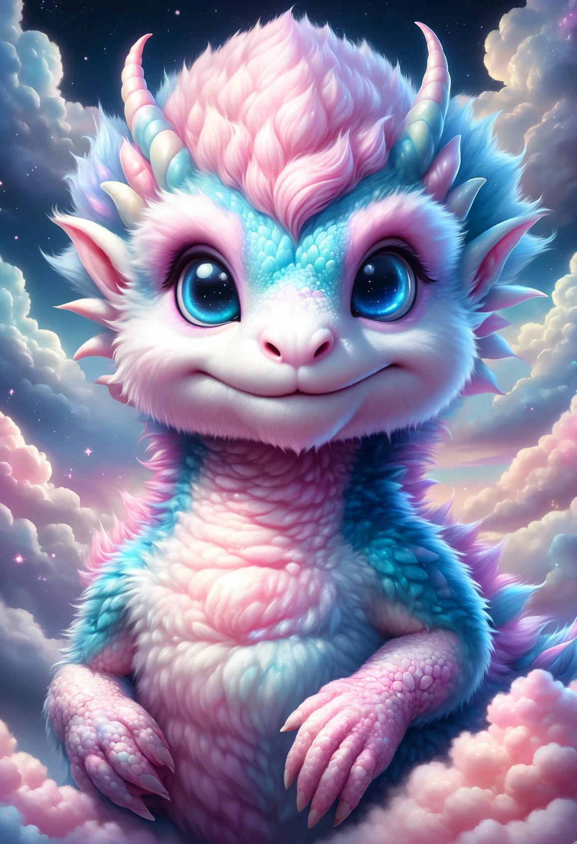 cottoncandy,a firework dragon in the sky, firework shaped eastern dragon, up close, extremely detailed, beautiful eyes, sparkling, night time, fantasy art, dark fantasy, multicolor, dragon made out of fluffy cottoncandy, HDR, photo, award winning masterpiece,