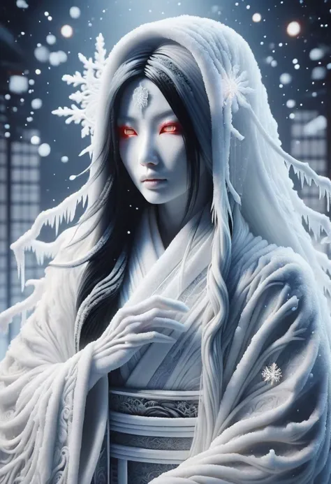 a woman in a white robe with red eyes and a white cloak