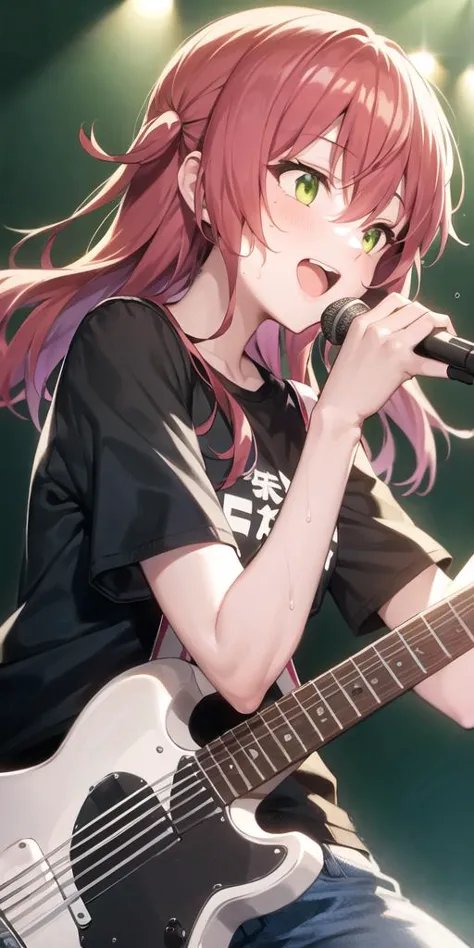 1girl, black shirt, electric guitar, gibson les paul, green eyes, guitar, hair between eyes, holding, holding instrument, instrument, long hair, microphone, music, one side up, open mouth, playing instrument, shirt, short sleeves, solo, sweat, red hair,<lora:kita_locon_v1a:0.7>