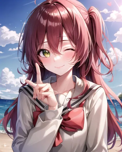 anime girl with long hair pointing at something on the beach