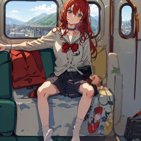 anime girl sitting on a train seat with her legs crossed