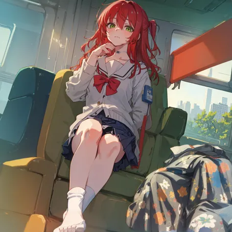 anime girl sitting on a chair in a bus with a backpack