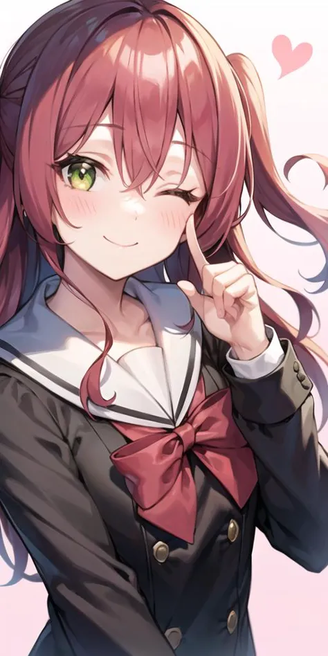 anime girl with long hair and a bow tie pointing at her finger