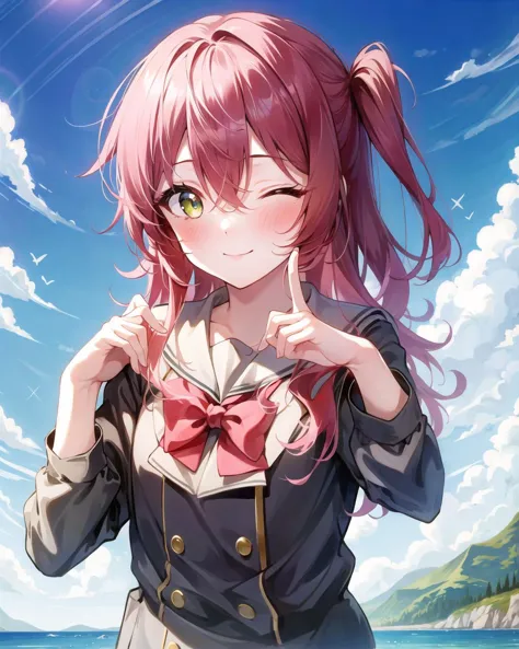 anime girl with pink hair and a bow tie standing in front of a body of water